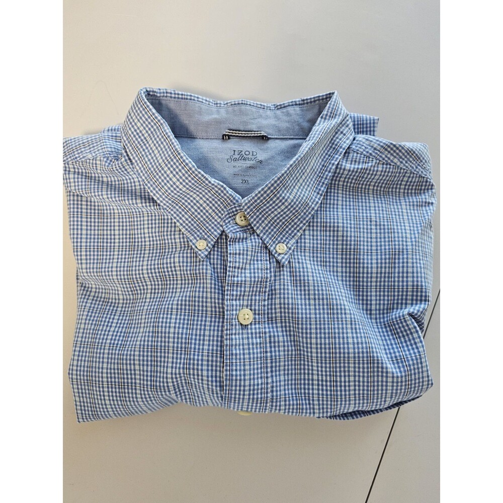 Izod Saltwater Plaid Button Down Shirt Relaxed Classic Pocket Short Sleeve Mens